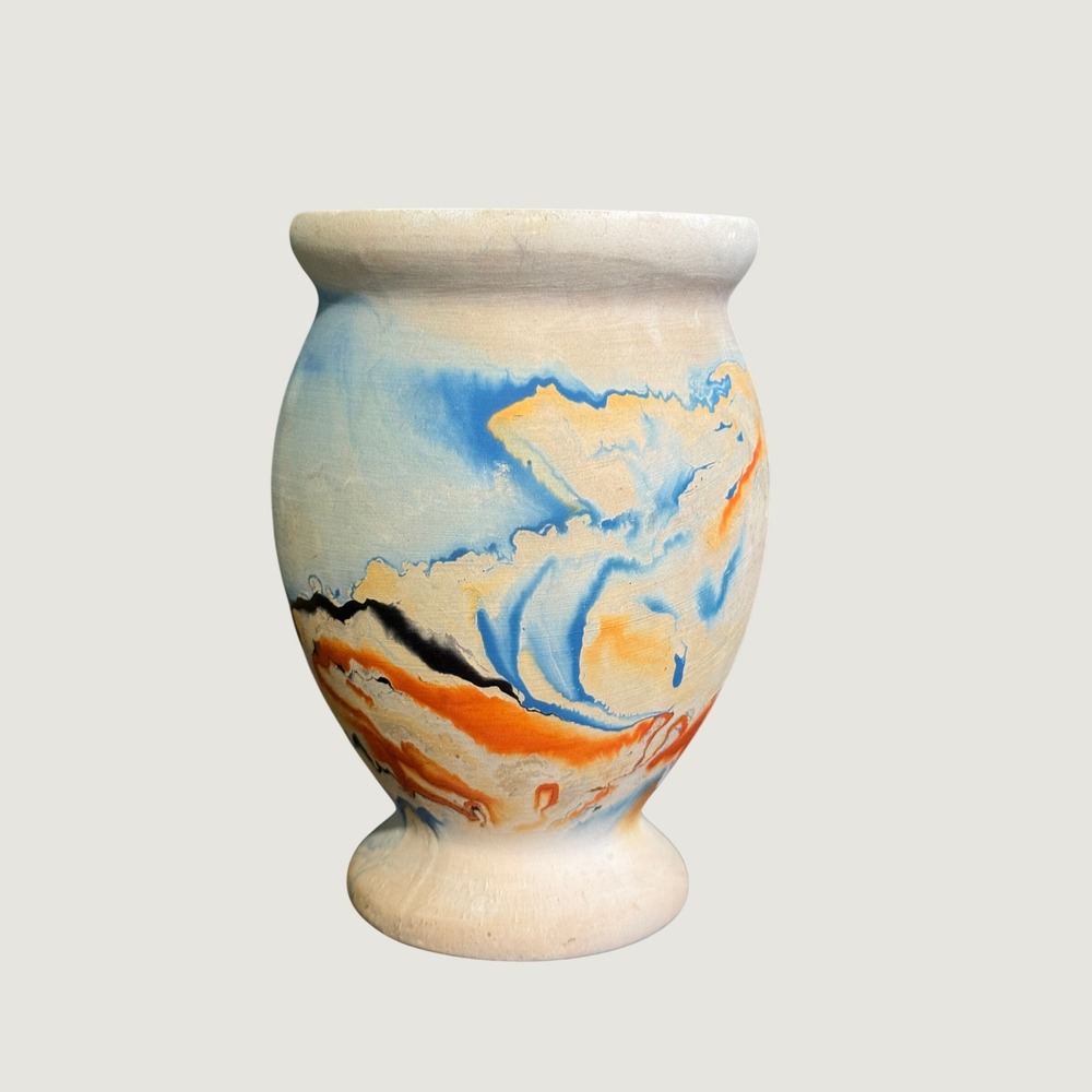 Nemadji Pottery Vase Blue Orange Marble Swirl Earth Tone Art Pottery Urn